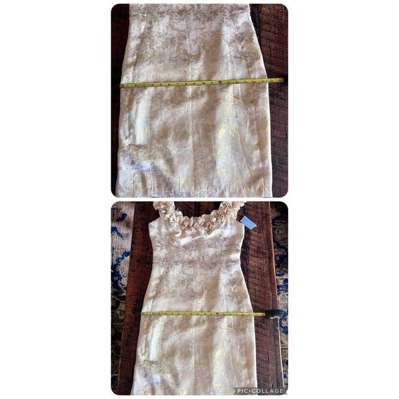 London Times  Ivory & Gold Shimmery Print Sleeveless Dress Ruffled Neckl… - Picture 7 of 14